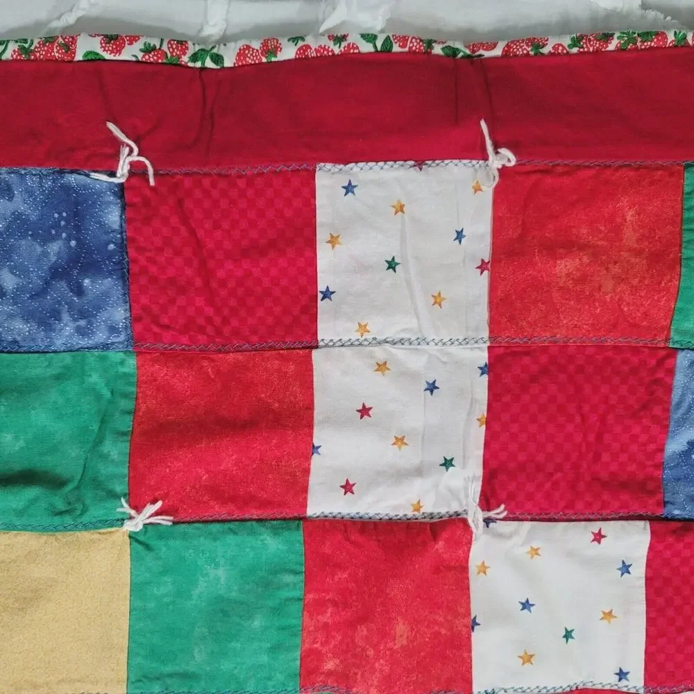 Patchwork Crib Quilt Baby Blanket Floor Play Tummy Time Strawberry Print Back
